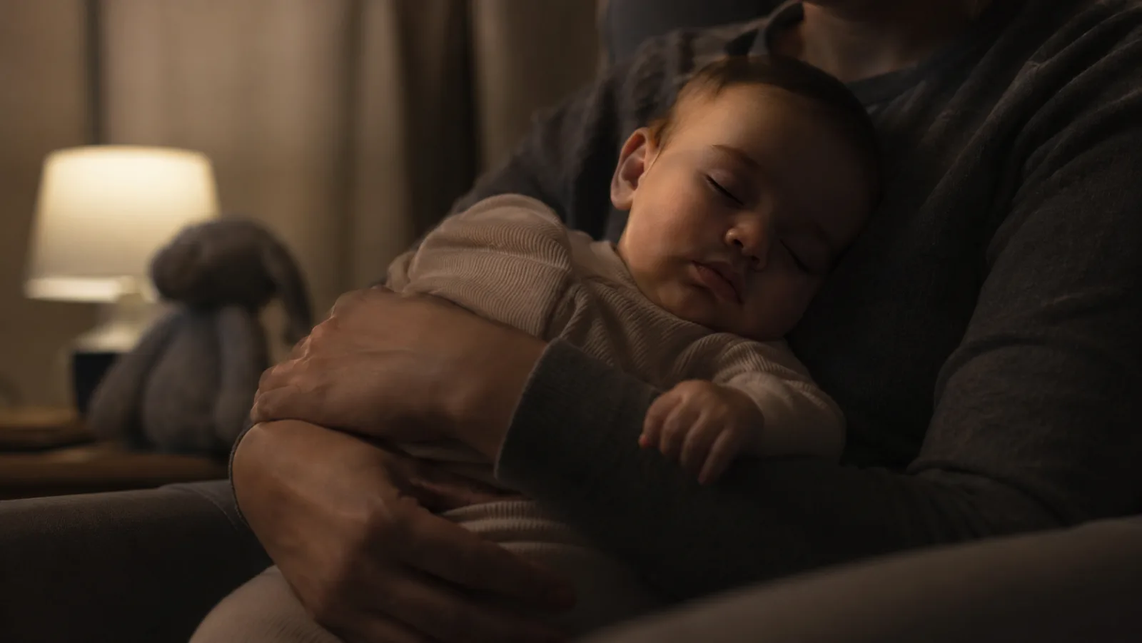 Bebê dormindo no colo, quarto em penumbra