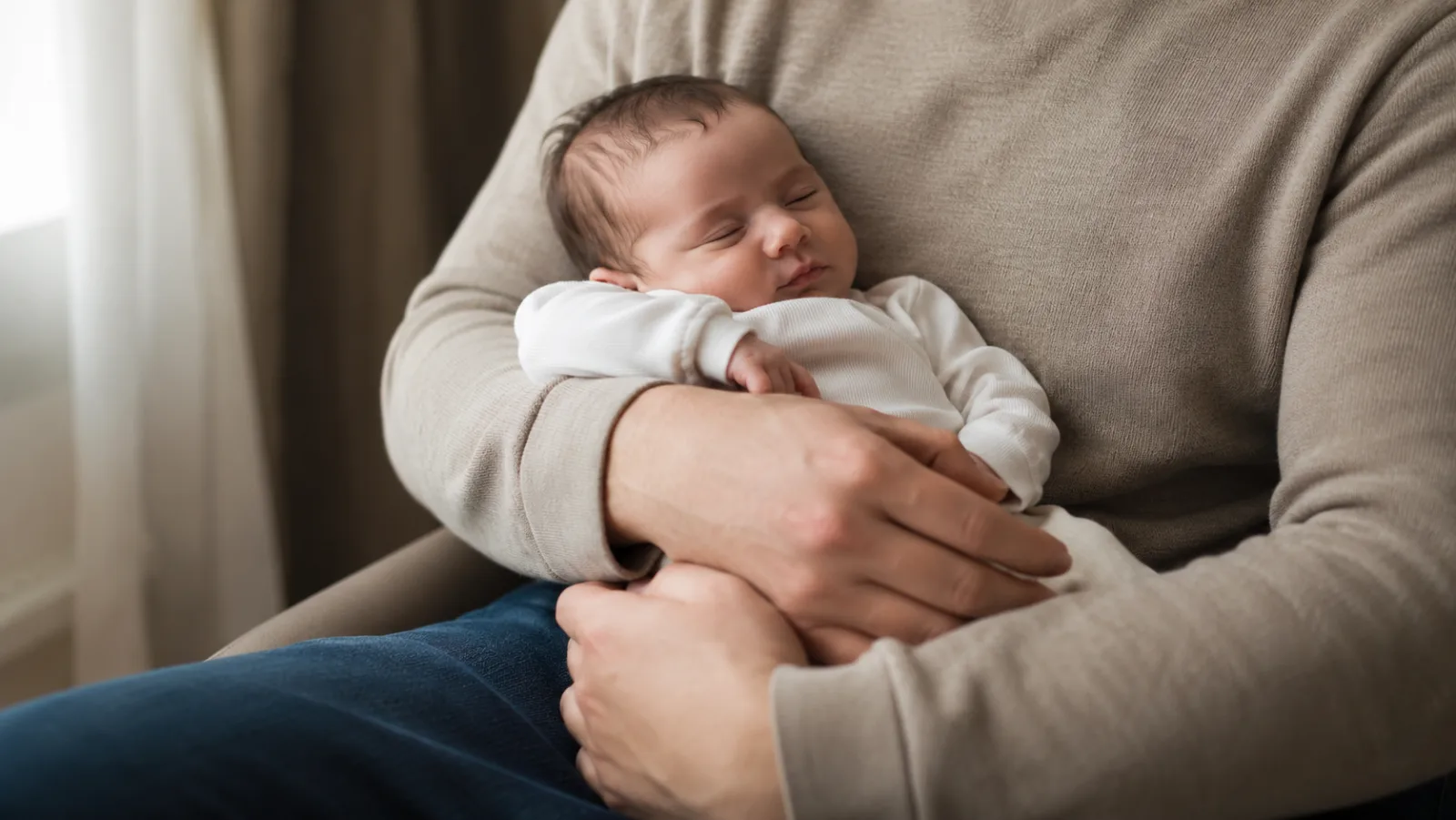 Bebê aninhado no colo do adulto